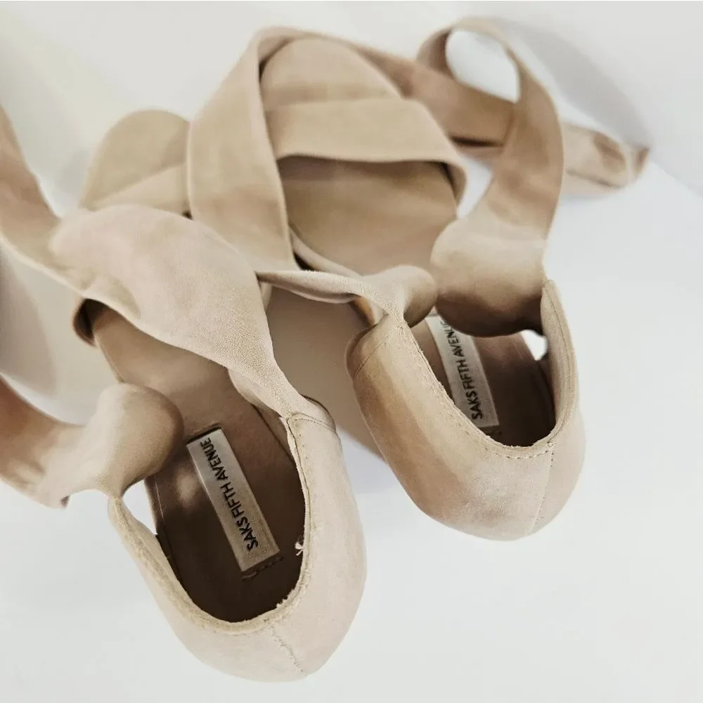Saks Fifth Avenue Mckenna Cork & Suede Leather Wrap Platform Wedge Sandals 8.5